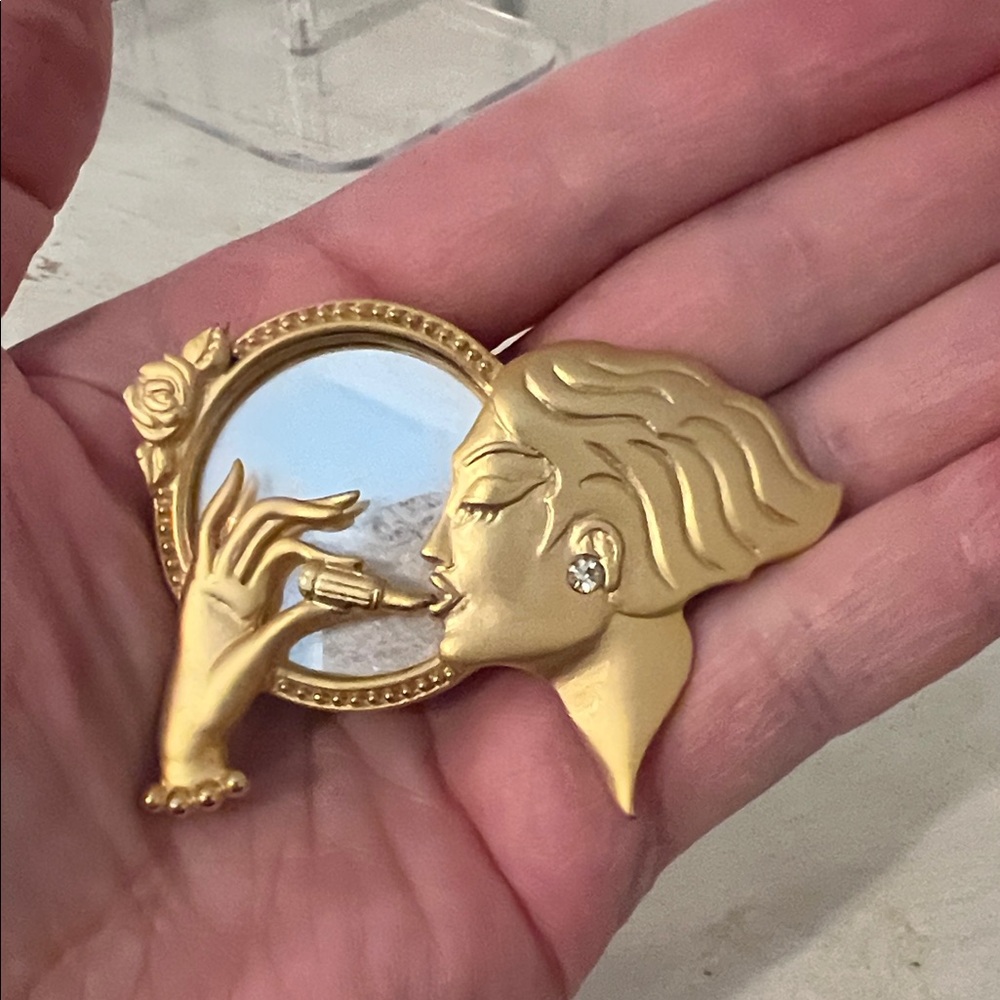 RARE JJ Gold lady lipstick mirror brooch